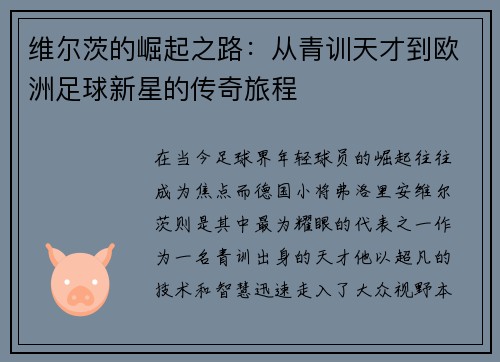 维尔茨的崛起之路：从青训天才到欧洲足球新星的传奇旅程
